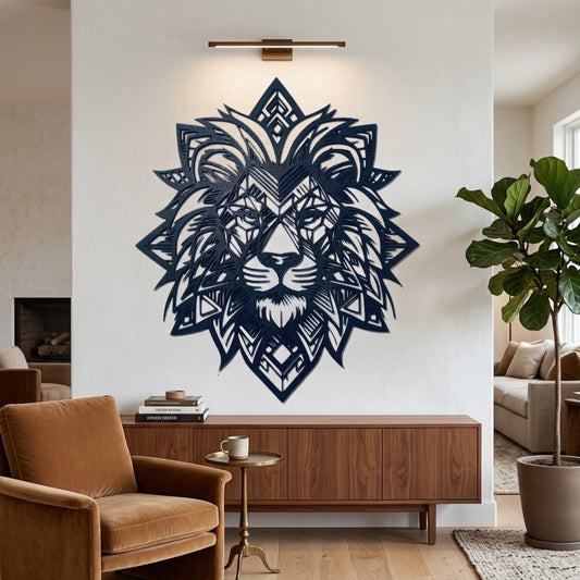 Stunning Geometric Lion Head Wall Art - Handcrafted Wooden Sculpture for Modern Decor
